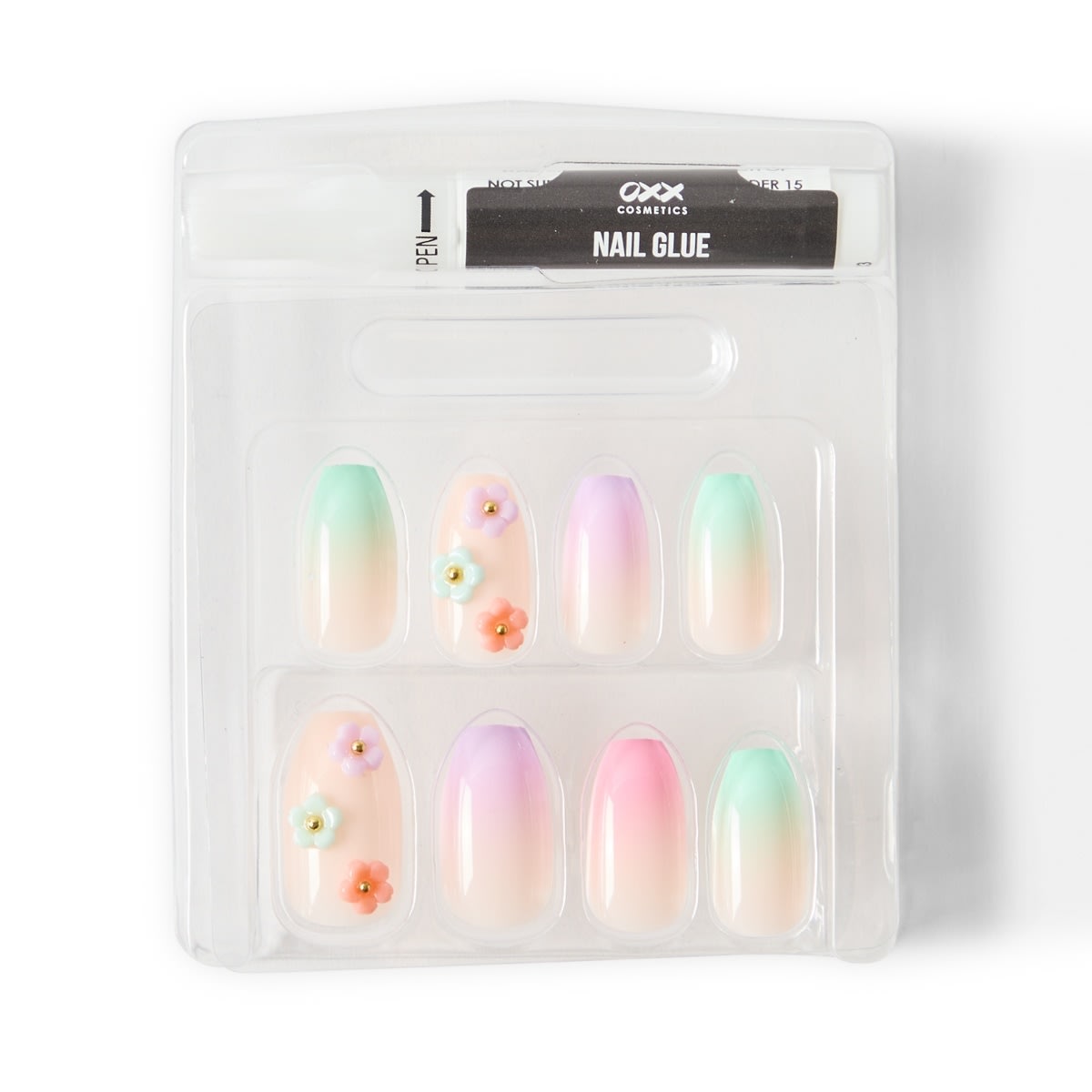 OXX Cosmetics 24 Pack Artificial Nails with Adhesive - Coffin Shape, Ombre 3D Floral