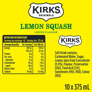 Kirks Lemon Squash Soft Drink Multipack Cans 375mL x 10 pack