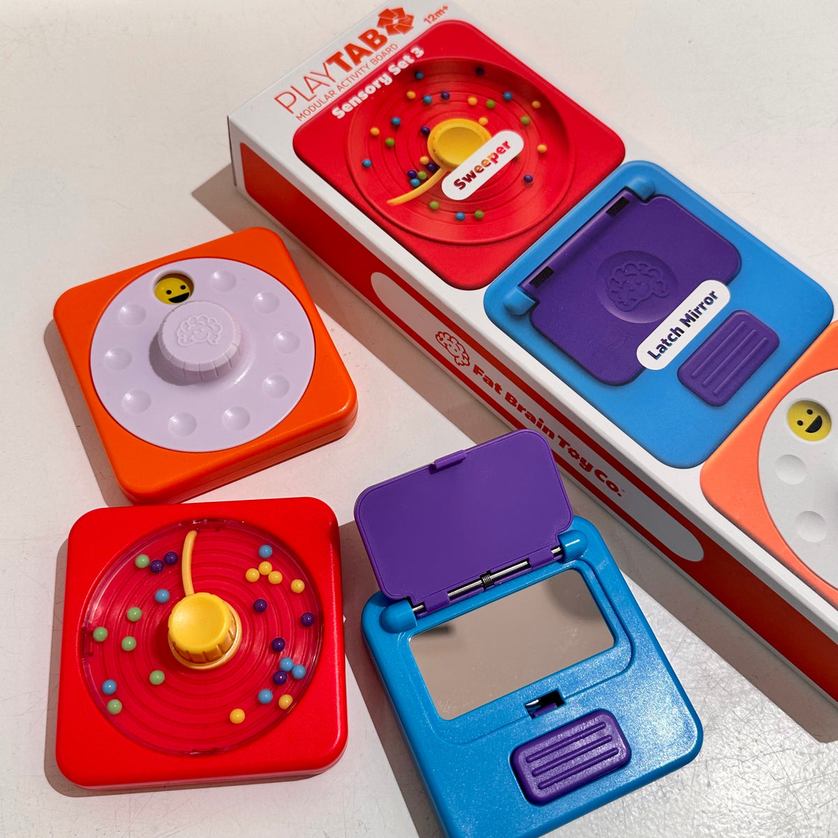 PlayTab Sensory Tiles Set 3 Latch Mirror Blue, Picture Dial, Sweeper by Fat Brain Toys Sensory Toys Motor Skills Developmental Toys for Toddlers Baby Toys Best Seller 12m+