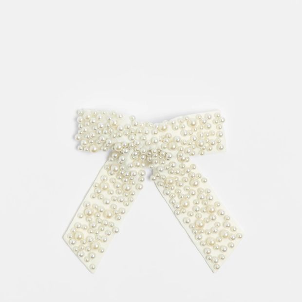 Faux Pearl Bead Bow Barette Hair Clip