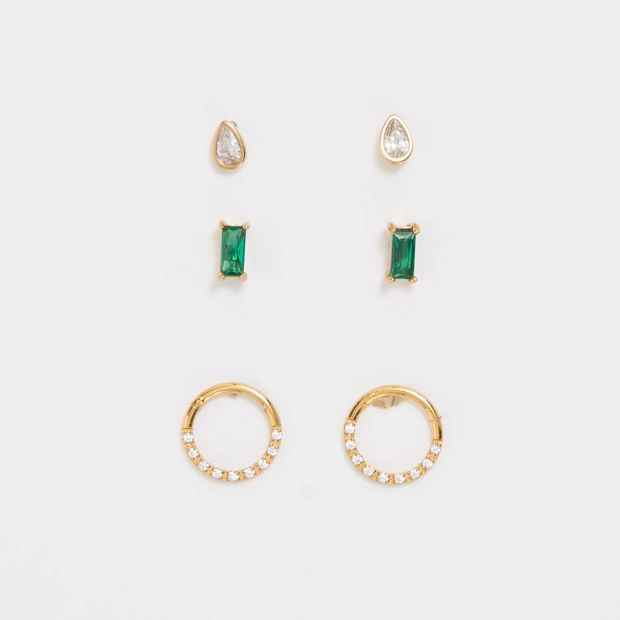 3 Pack Waterproof Emerald Look Stud Earrings Set