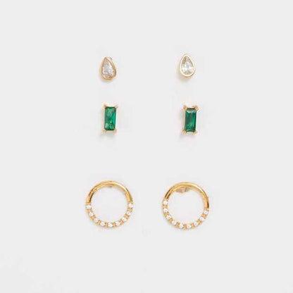 3 Pack Waterproof Emerald Look Stud Earrings Set