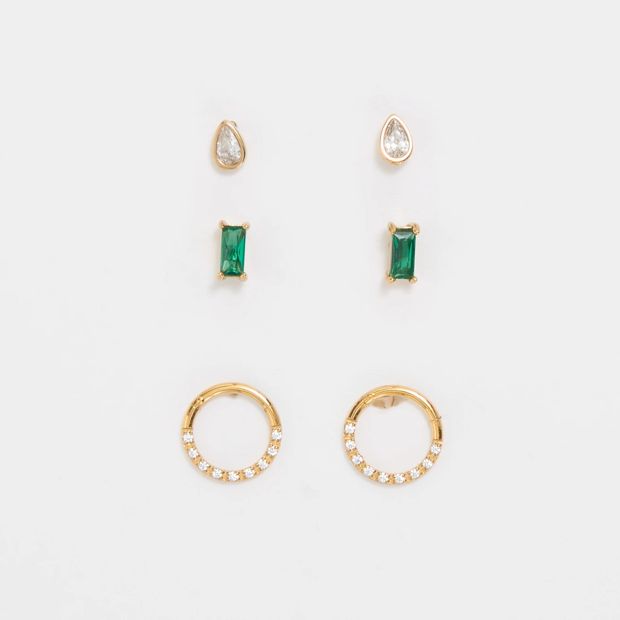 3 Pack Waterproof Emerald Look Stud Earrings Set