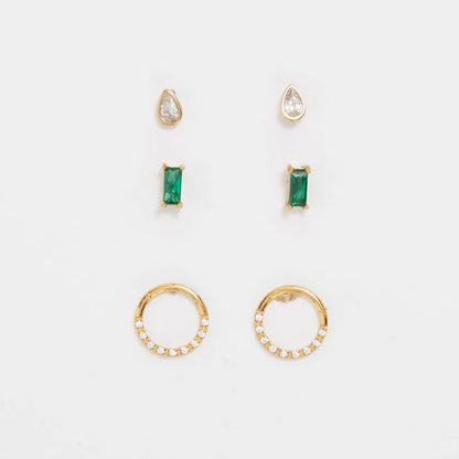 3 Pack Waterproof Emerald Look Stud Earrings Set