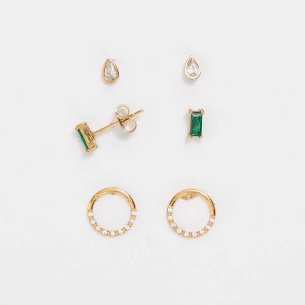 3 Pack Waterproof Emerald Look Stud Earrings Set