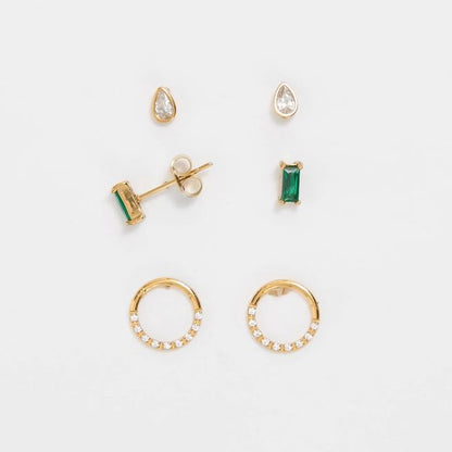 3 Pack Waterproof Emerald Look Stud Earrings Set