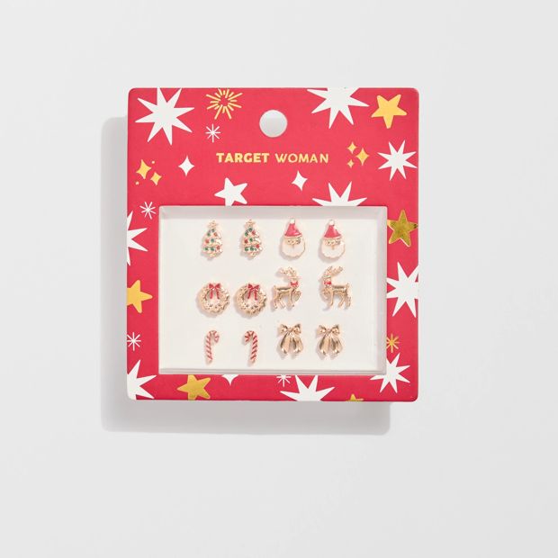 6 Pack Traditional Christmas Stud Earrings