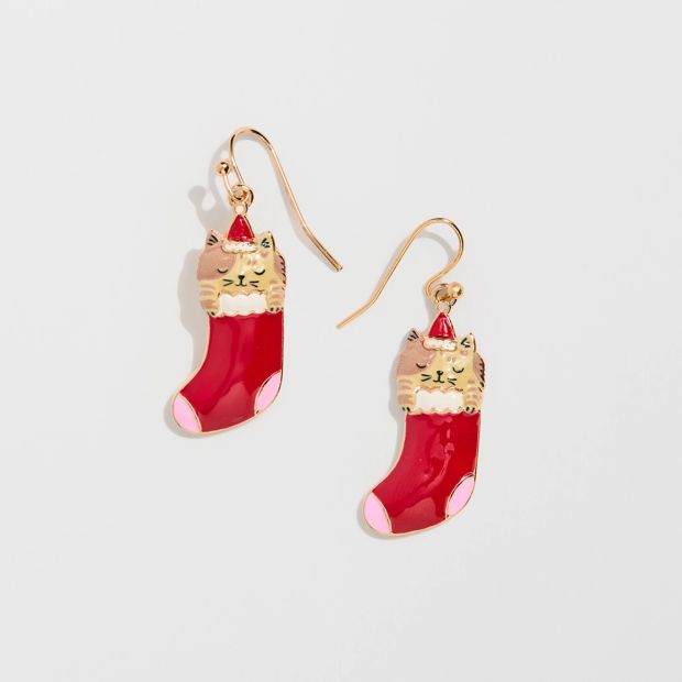 Christmas Cat In Stocking Drop Earrings