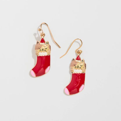 Christmas Cat In Stocking Drop Earrings