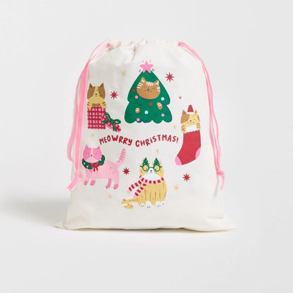 Cotton Meowerry Christmas Drawstring Bag