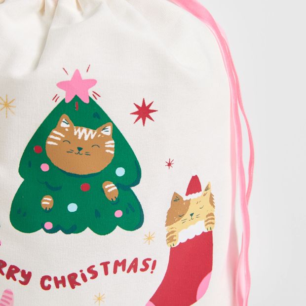 Cotton Meowerry Christmas Drawstring Bag