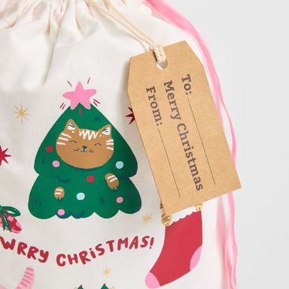 Cotton Meowerry Christmas Drawstring Bag