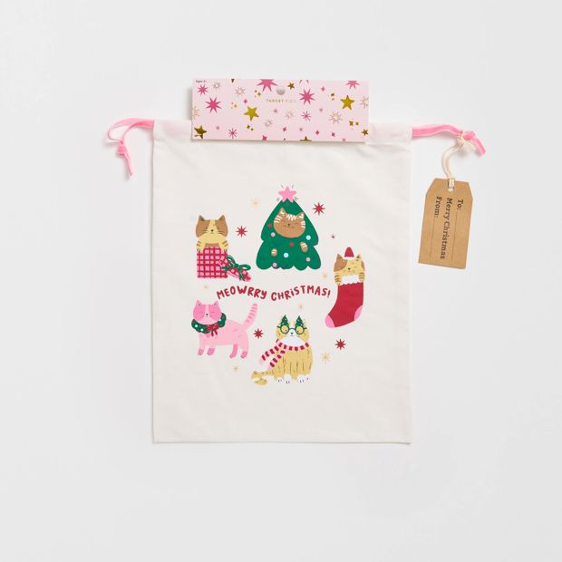 Cotton Meowerry Christmas Drawstring Bag