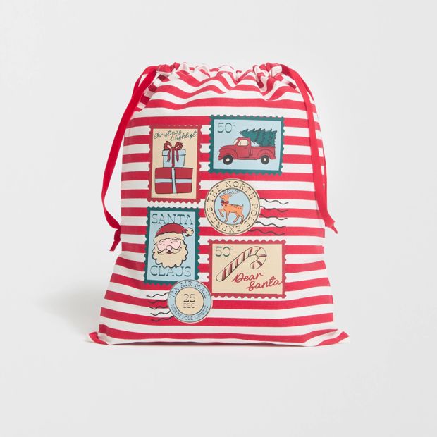 Cotton Christmas Stamps Drawstring Bag