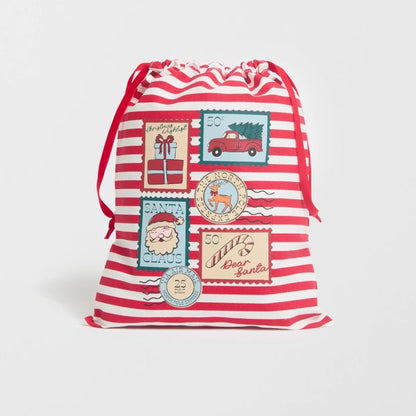 Cotton Christmas Stamps Drawstring Bag