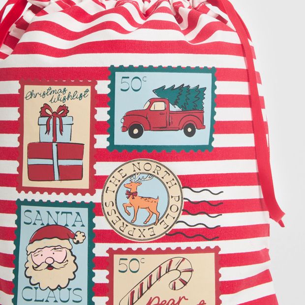 Cotton Christmas Stamps Drawstring Bag
