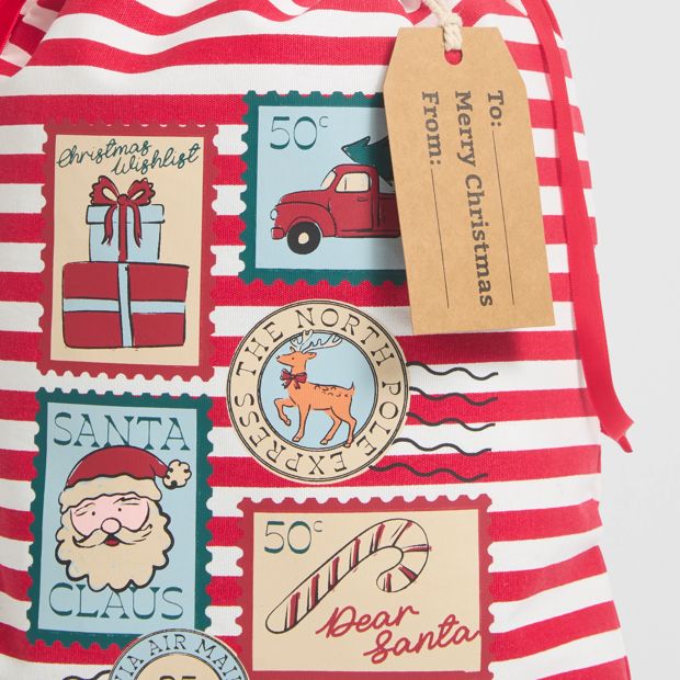 Cotton Christmas Stamps Drawstring Bag