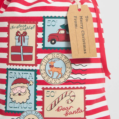Cotton Christmas Stamps Drawstring Bag