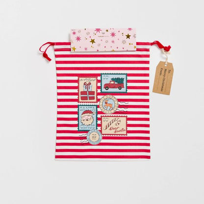 Cotton Christmas Stamps Drawstring Bag