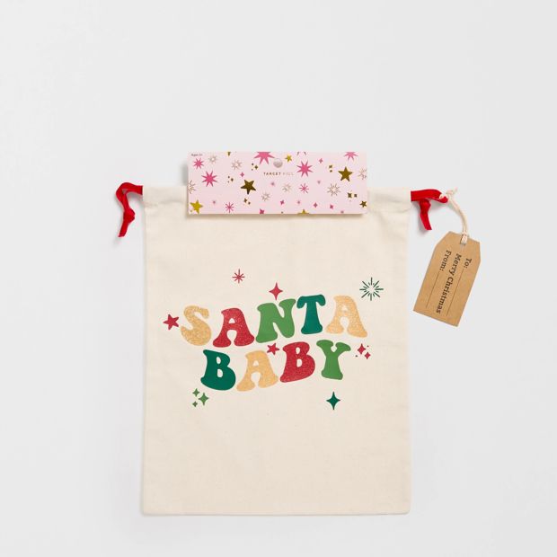 Cotton Santa Baby Drawstring Christmas Bag