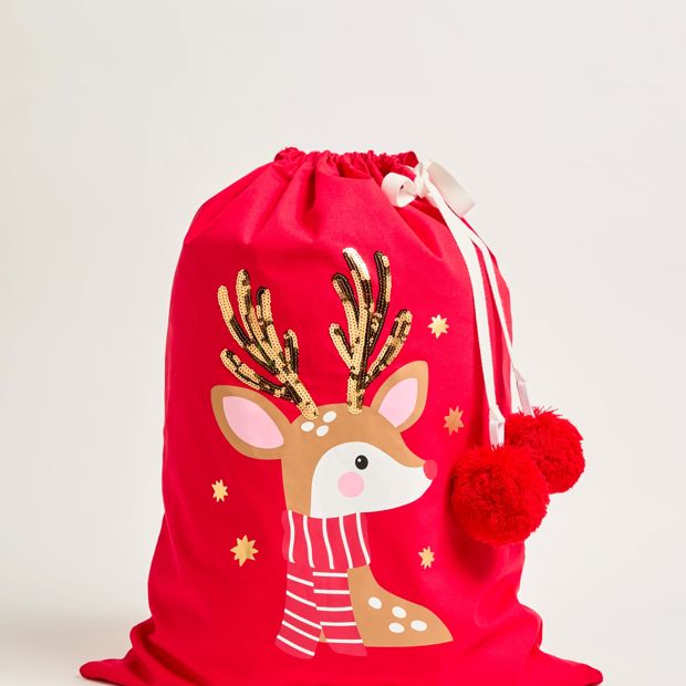 Cotton Sequin Reindeer Christmas Santa Sack