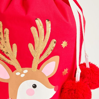Cotton Sequin Reindeer Christmas Santa Sack