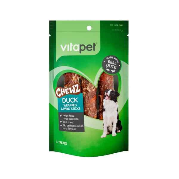 VITAPET CHEWZ DOG TREATS JUMBO STICKS DUCK 3 PACK