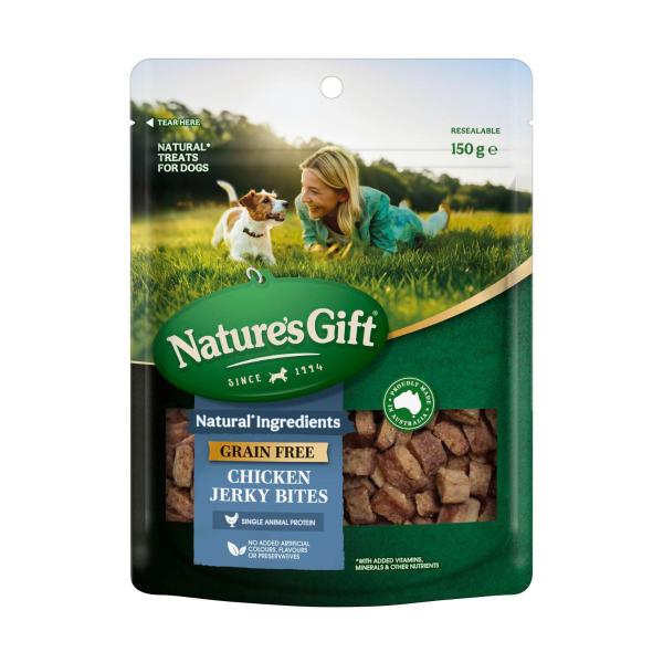 NATURE'S GIFT CHICKEN JERKY BITES DOG TREATS 150G