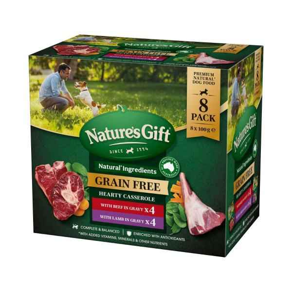 NATURE'S GIFT GRAIN GREE HEARTY CASSAROLE BEEF LAMB DOG FOOD 8X100G