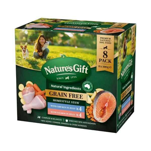 NATURE'S GIFT GRAIN FREE HOMESTYLE STEW WITH CHICKEN SALMON DOG FOOD 8X100G