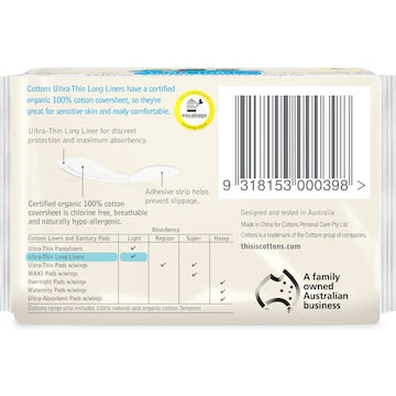 Cottons Organic Ultra Thin Long Panty Liners 32 pack