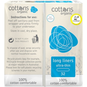 Cottons Organic Ultra Thin Long Panty Liners 32 pack