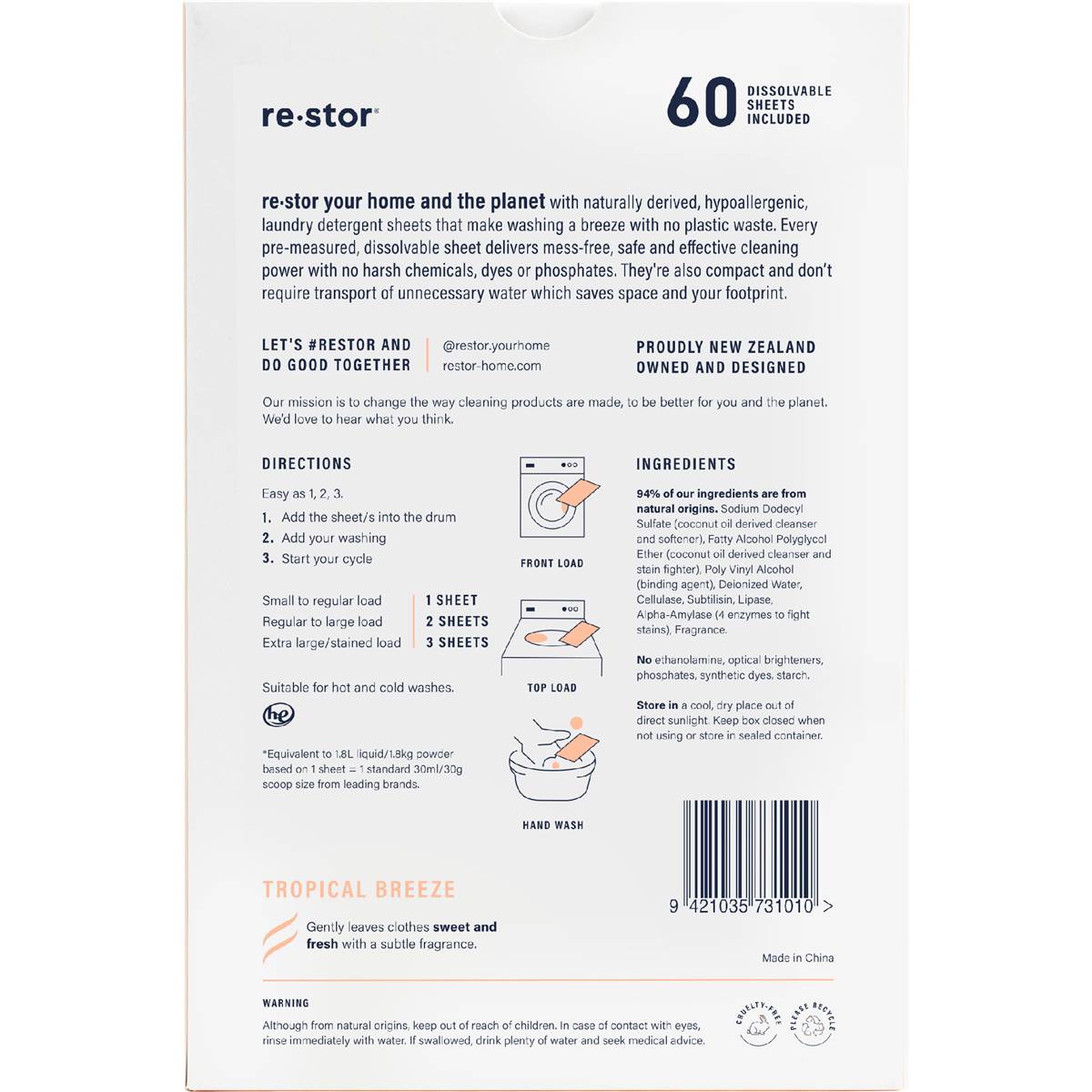 Restor Concentrated Laundry Detergent Sheets Tropical 60 Pack