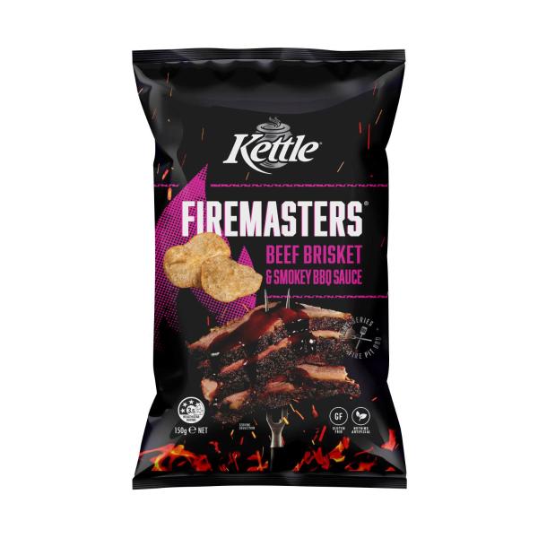 KETTLE FIREMASTERS POTATO CHIPS 150G:BEEF BRISKET & SMOKEY BBQ SAUCE 150G