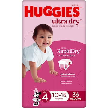 Huggies Ultra Dry Nappies Girls Size 4 (10-15kg) 36 pack