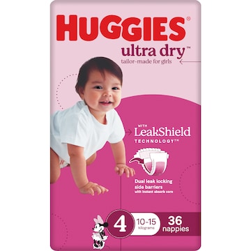 Huggies Ultra Dry Nappies Girls Size 4 (10-15kg) 36 pack