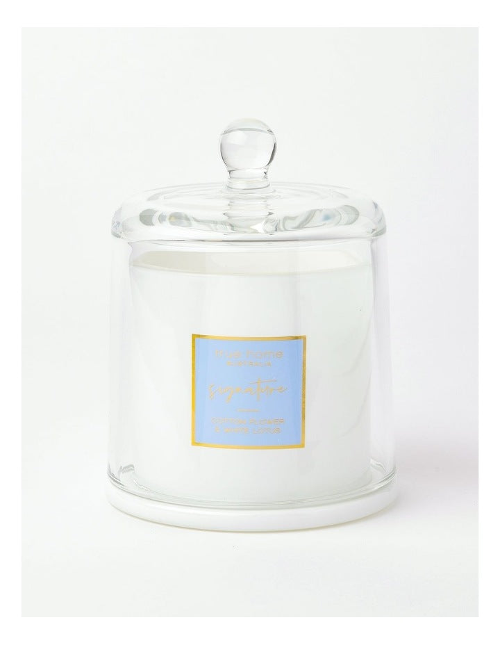 True Home Signature Candle with Cloche Cotton Flower & White Lotus
