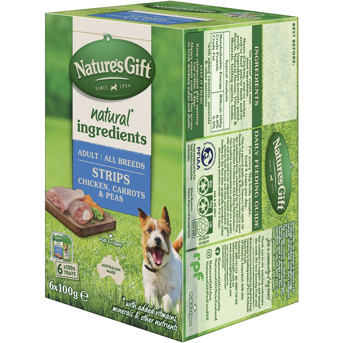 Nature's Gift Adult Wet Dog Food Strips Chicken Carrots & Peas 100g x 6 pack