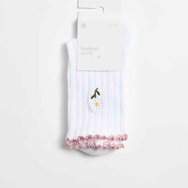 Australian Cotton Blend Motif Embroidery Frill Quarter Crew Socks