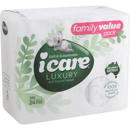 Icare 100% Recycled Toilet Tissue 3 Ply 180 Sheets 24 Pack