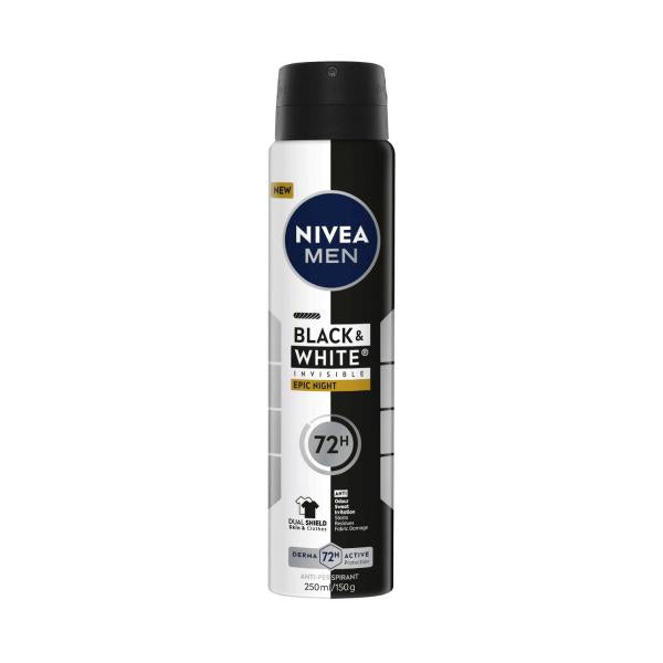 NIVEA MEN BLACK & W HITE EPIC NIGHT AEROSOL 72H ANTIPERSPIRANT & ANTI STAIN DEODORANT 250ML