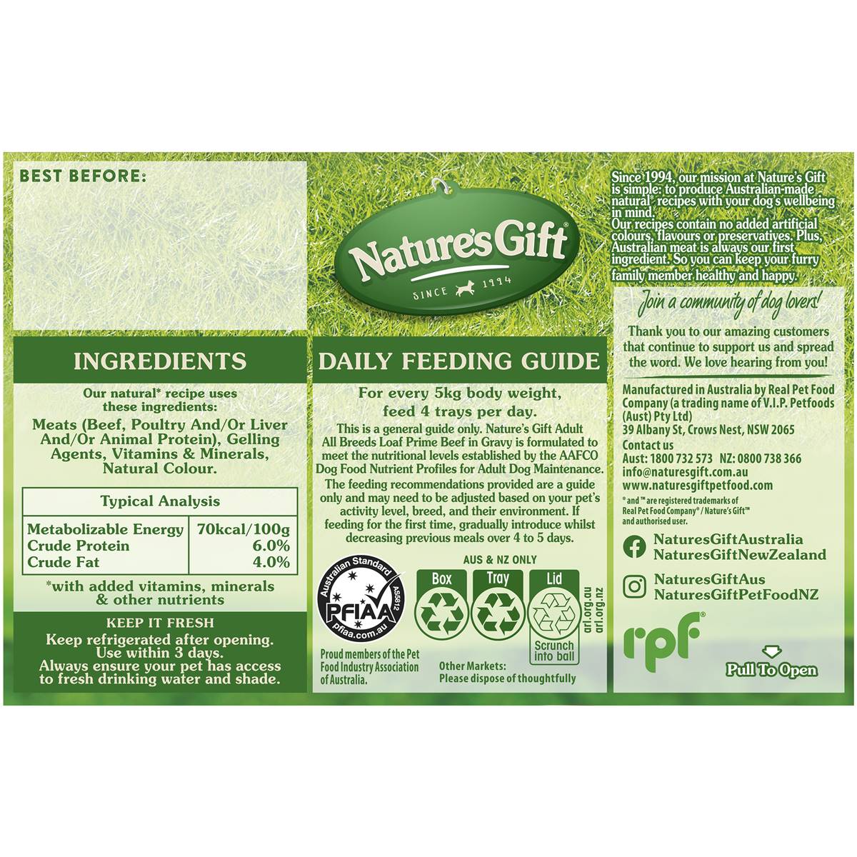 Nature's Gift Adult Wet Dog Food Loaf Prime Beef In Gravy 100g x 6 pack