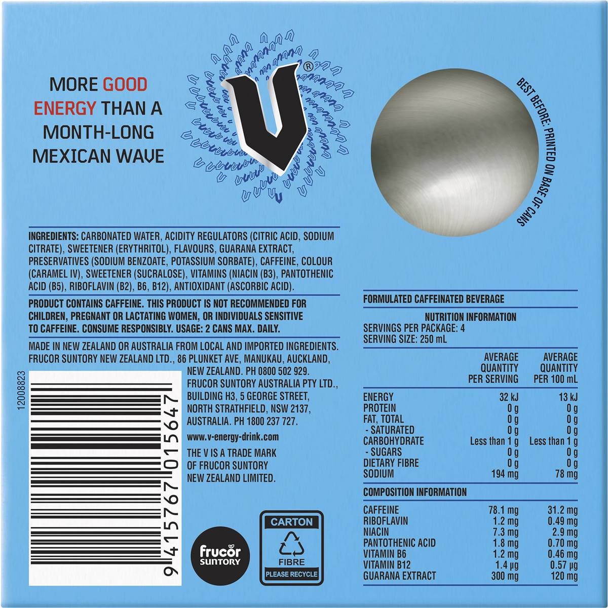 V Energy Sugarfree Blue Guarana Energy Drink 250mlx 4pack