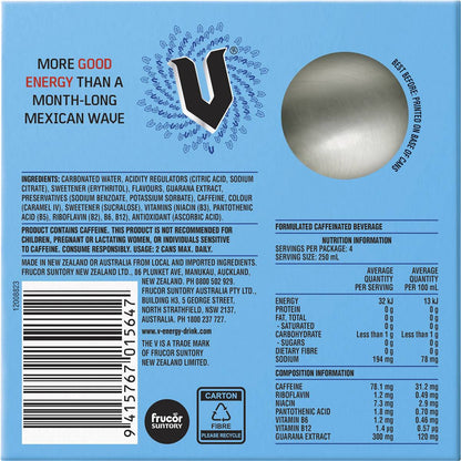 V Energy Sugarfree Blue Guarana Energy Drink 250mlx 4pack