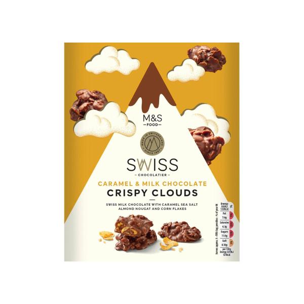 M&S SWISS CARAMEL AND MILK CHOCOLATE CRISPY CLOUDS 140G