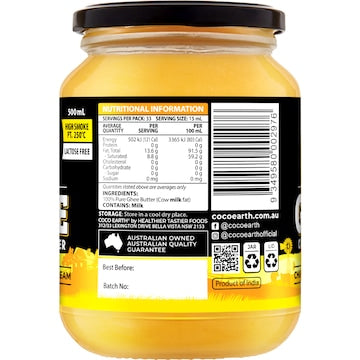 Coco Earth Ghee Clarified Butter Grass Fed 500mL