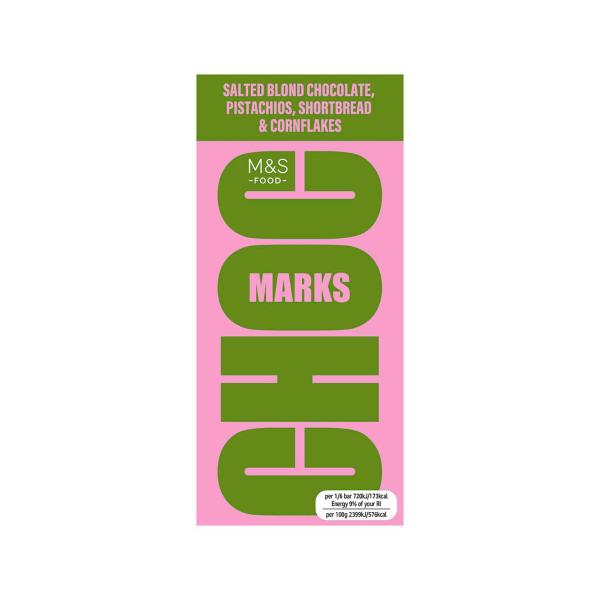 M&S CHOC MARKS BLOND CHOCOLATE AND PISTACHIO BAR 180G