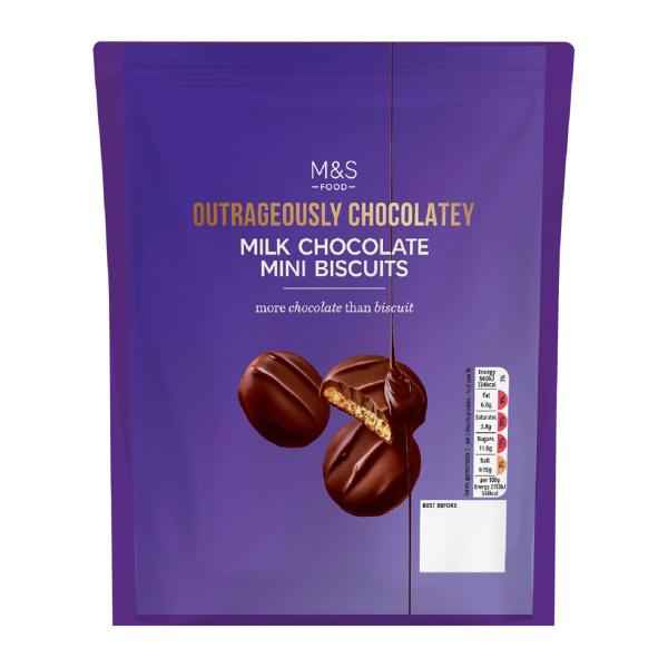 M&S OUTRAGEOUSLY CHOCOLATEY MILK CHOCOLATE MINI BISCUITS 200G