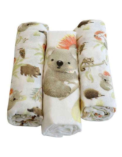 Aussie Animals Muslin Wraps 3 Pack in Oatmeal