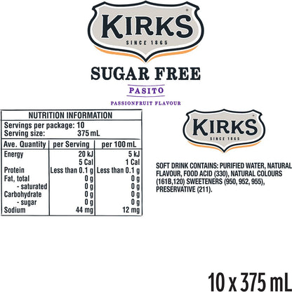 Kirks Sugar Free Pasito Soft Cans 375mL x 10 pack